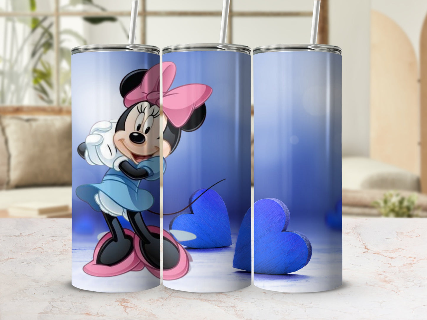 Cute Personalized Minnie Mouse Blue Hearts Tumbler