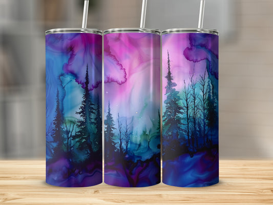 Three tumblers with abstract purple, blue, and pink sky and dark pine trees.