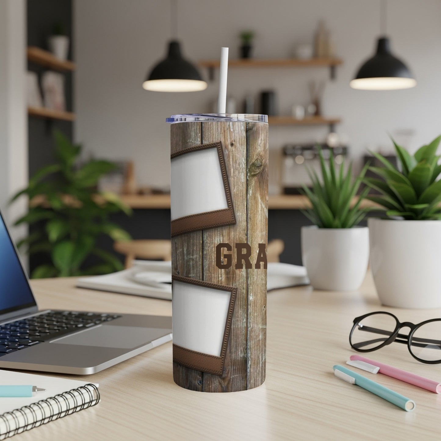 Tumbler with rustic wood design, two photo frames, and the word "GRA".