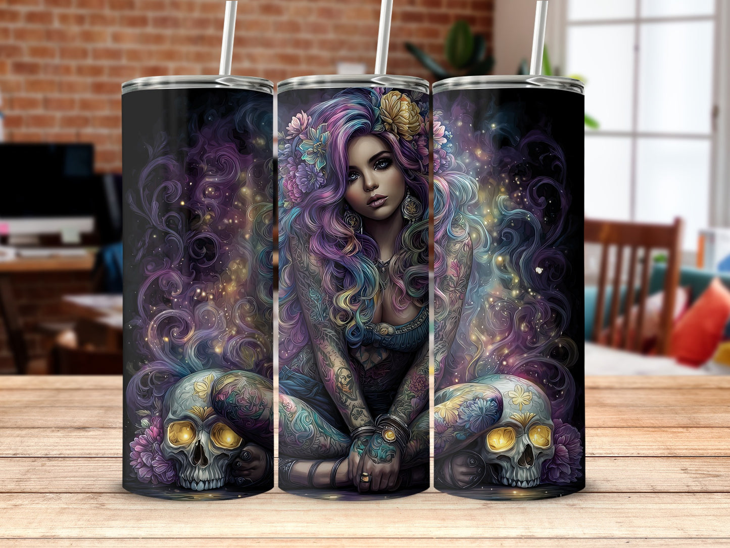 Vibrant Mystic Woman and Skull Artwork Tumbler Design