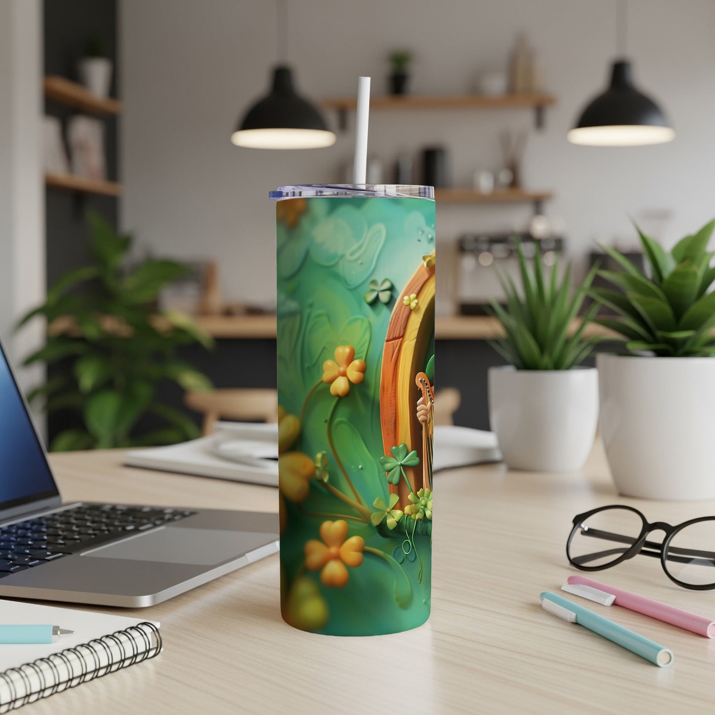 Green tumbler with shamrocks, clover, and a tiny door.