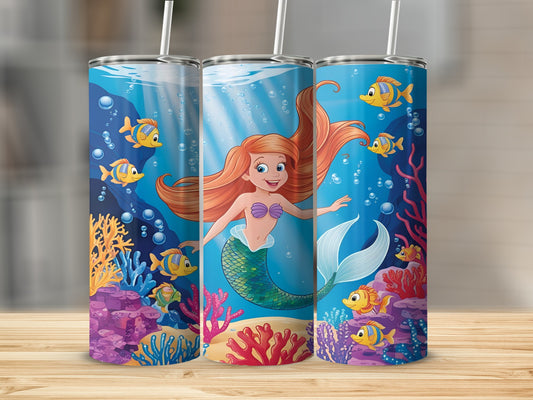 Cartoon mermaid swimming in underwater scene with colorful coral and fish.