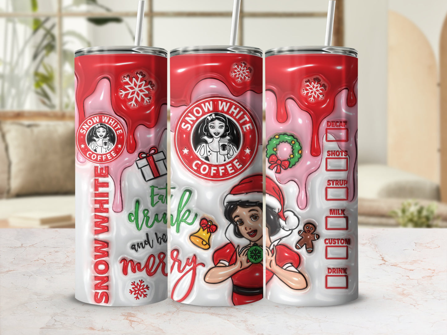 Festive Snow White Christmas Coffee Tumbler Cup Design