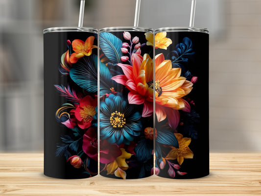 Two black tumblers with a vibrant floral design, featuring red, orange, and blue flowers.