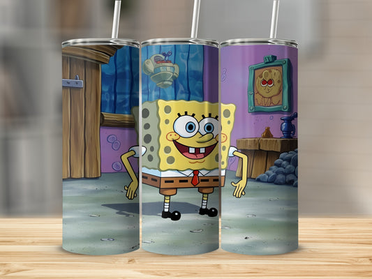SpongeBob SquarePants in his Krusty Krab uniform, standing in a kitchen.