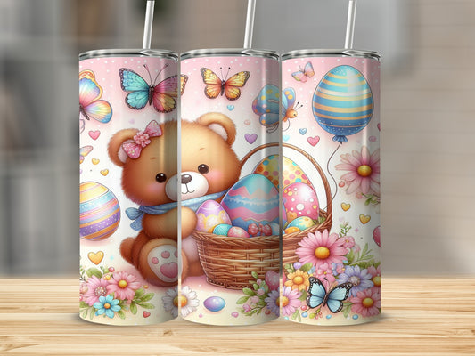 Cute teddy bear holding Easter basket with colorful eggs and butterflies.