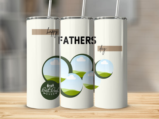 Three white tumblers with "Happy Fathers Day" and "Best Dad Ever" text and landscape circles.
