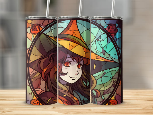 Stained glass witch portrait on three tumblers with straws.
