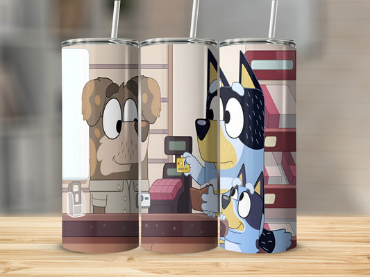 Bluey characters Bandit and Bingo at a checkout counter with a cashier.