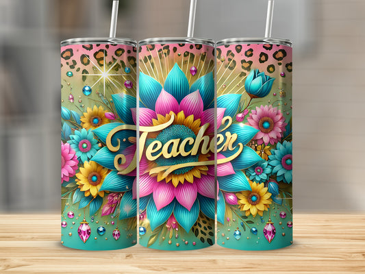 Teacher tumbler with floral and leopard print design.