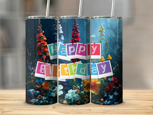 Three tumblers with "Happy Birthday" banner and floral design.