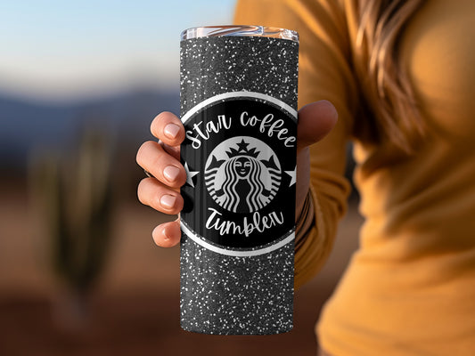 Star Coffee Tumbler with Black Glitter Design
