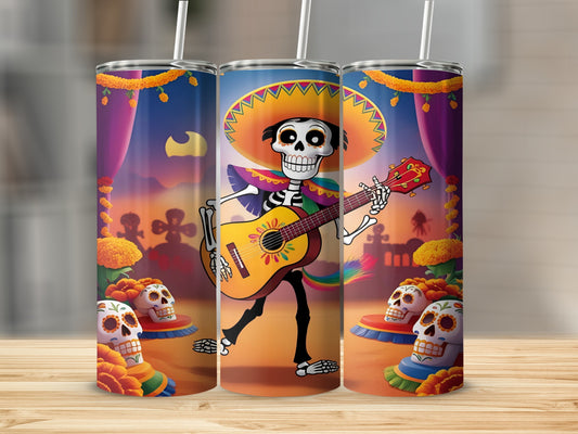 Skeleton musician in sombrero playing guitar with skulls and festive background.