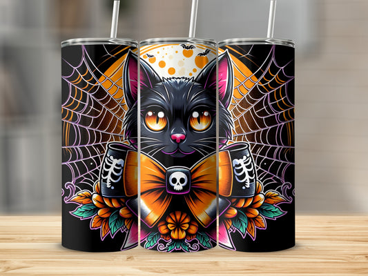 Black cat with Halloween bow and skeleton sleeves on a tumbler with spiderwebs.