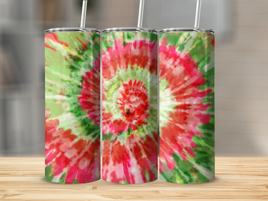 Tie-dye tumbler with red, white, and green spiral pattern.