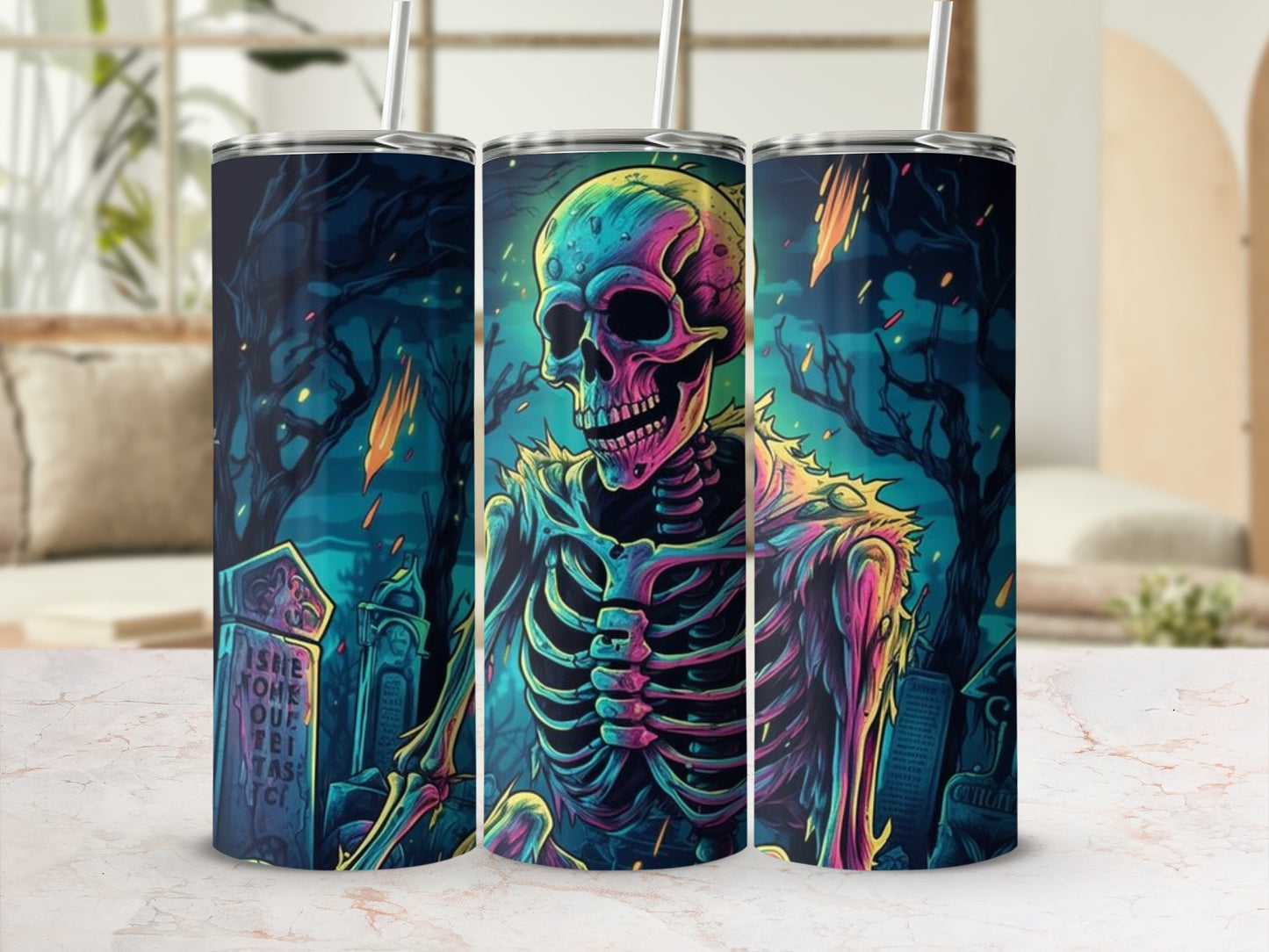 Colorful Skeleton with Fire and Trees Tumbler Product