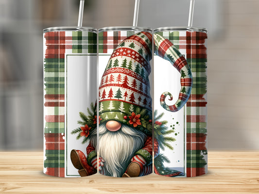 Christmas gnome with Santa hat and festive plaid pattern on tumbler.