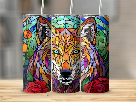 Stained glass wolf and rose design on three tumblers.