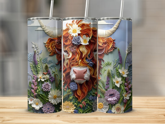 Three tumblers featuring a highland cow with floral embellishments.