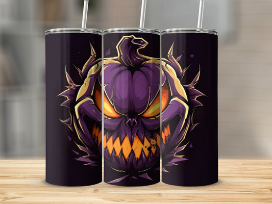 Three tumblers display a spooky purple pumpkin with glowing orange eyes and sharp teeth.