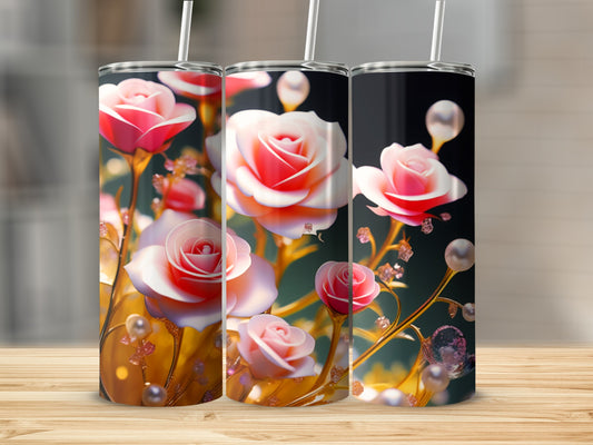 Three tumblers with pink roses and pearl accents on a wooden surface.