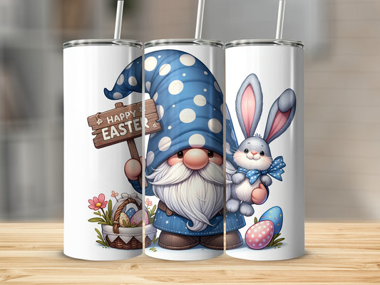Gnome and bunny with Easter sign, basket, and eggs.