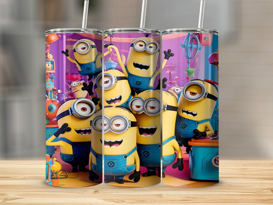 Minions in blue overalls holding straws, smiling on a tumbler.