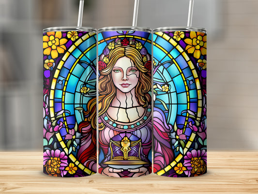 Three tumblers with stained glass design featuring a woman holding a chalice.