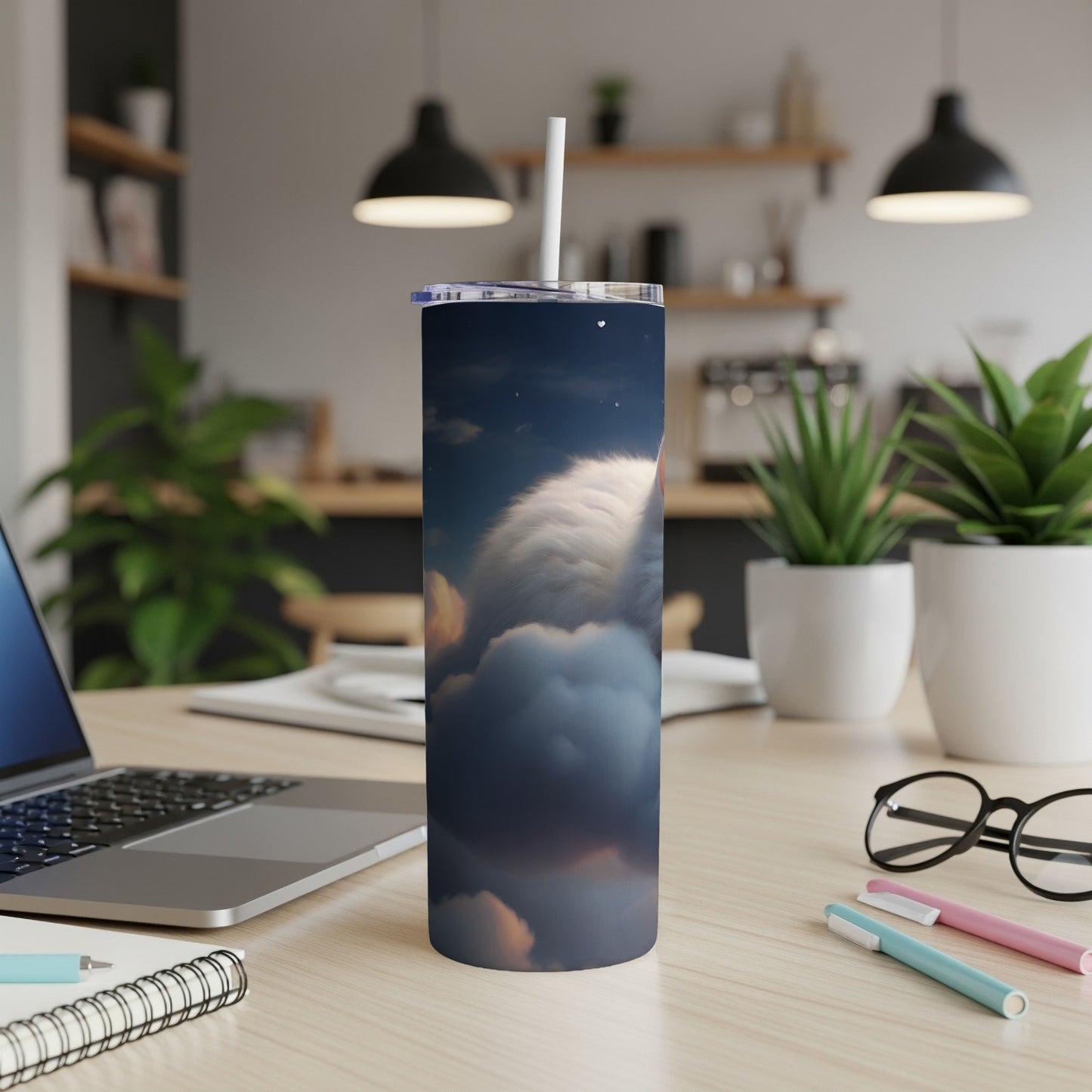 White cat's tail in clouds with starry night sky, on a tumbler.