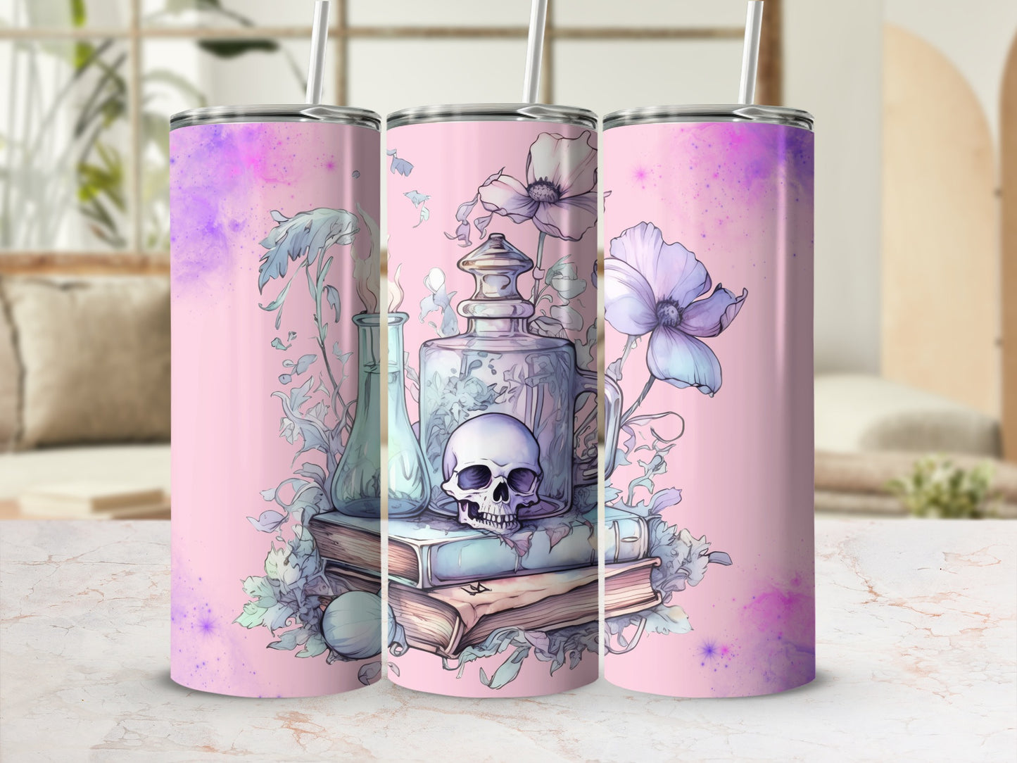 Mystic Floral Skull Art on Pink Tumbler Product