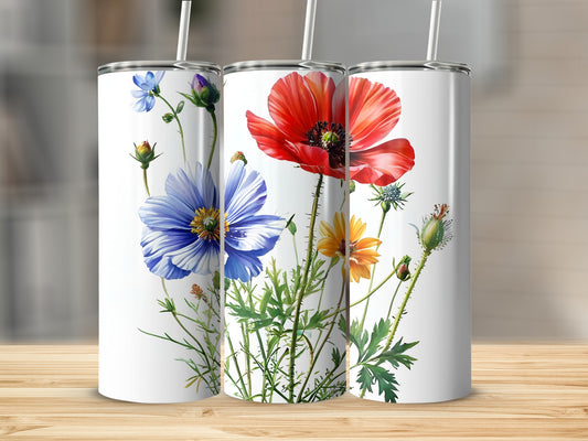 Three tumblers with painted poppies and blue and yellow flowers.