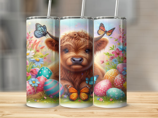 Highland cow with Easter eggs and butterflies on a whimsical background.