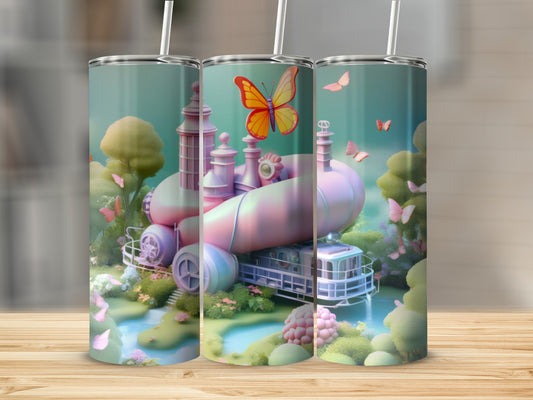 Whimsical pastel castle with butterflies and nature elements.