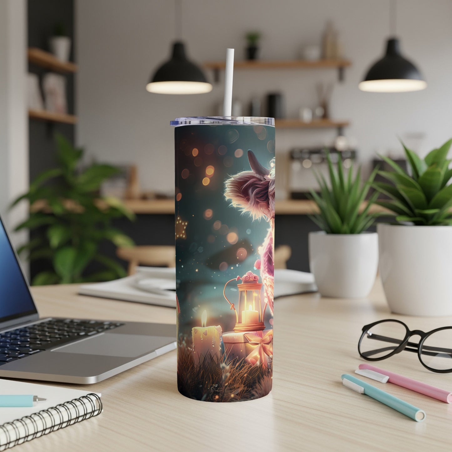 Festive llama illustration on a stainless steel tumbler with a straw.