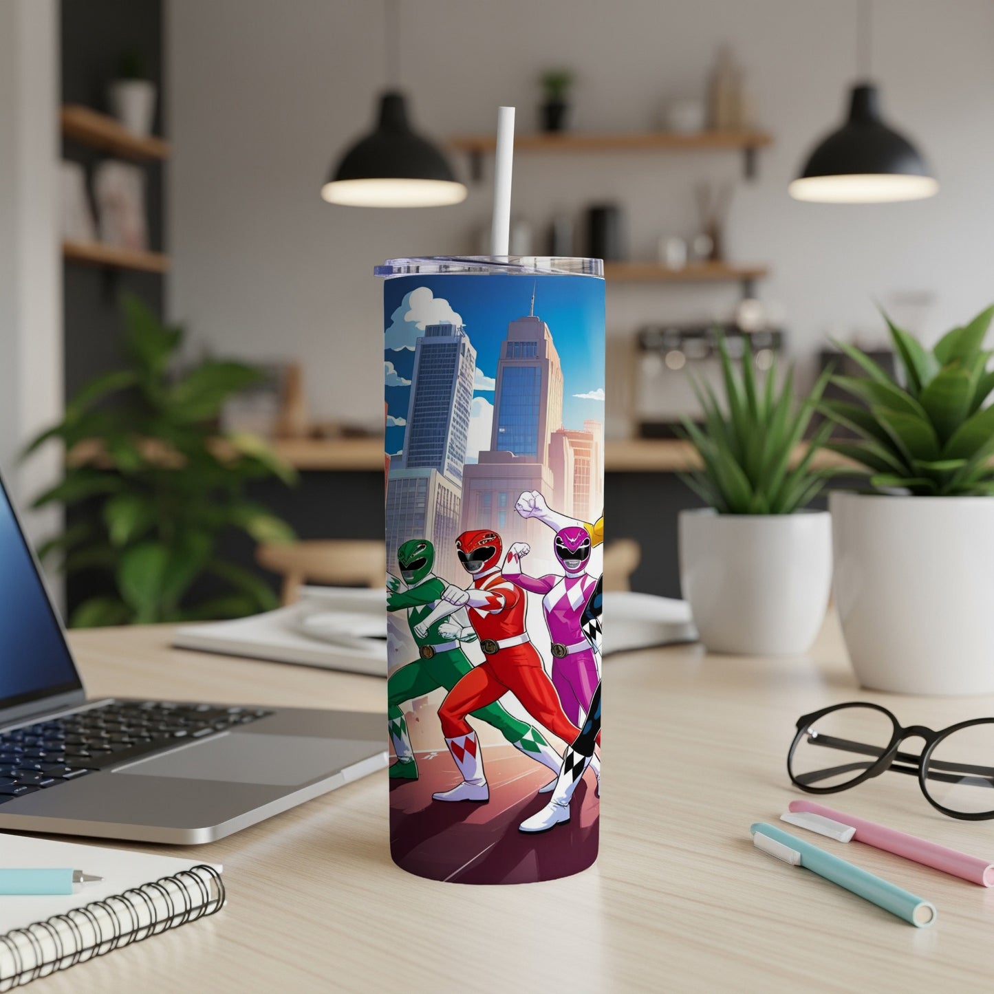Power Rangers in action with city skyline background on a tumbler.