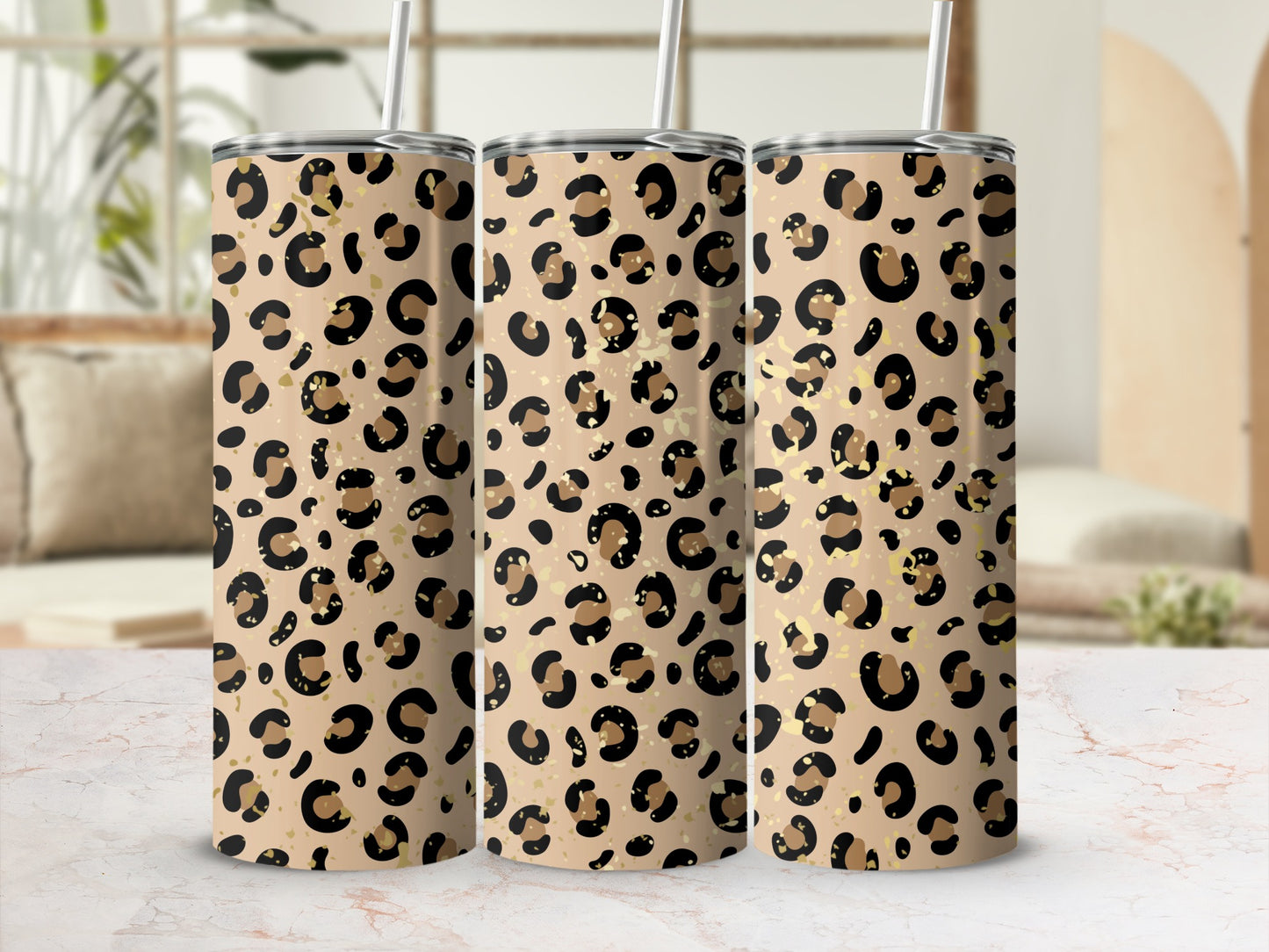Leopard Print Stainless Steel Tumbler with Straw Accessory