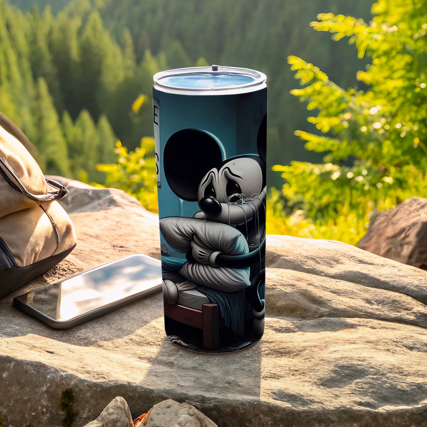 Unique Travel Tumbler with Sad Cartoon Character Design
