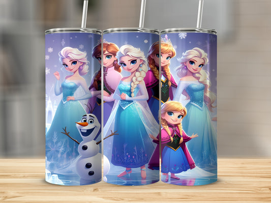 Elsa, Anna, and Olaf from Frozen on a purple tumbler.