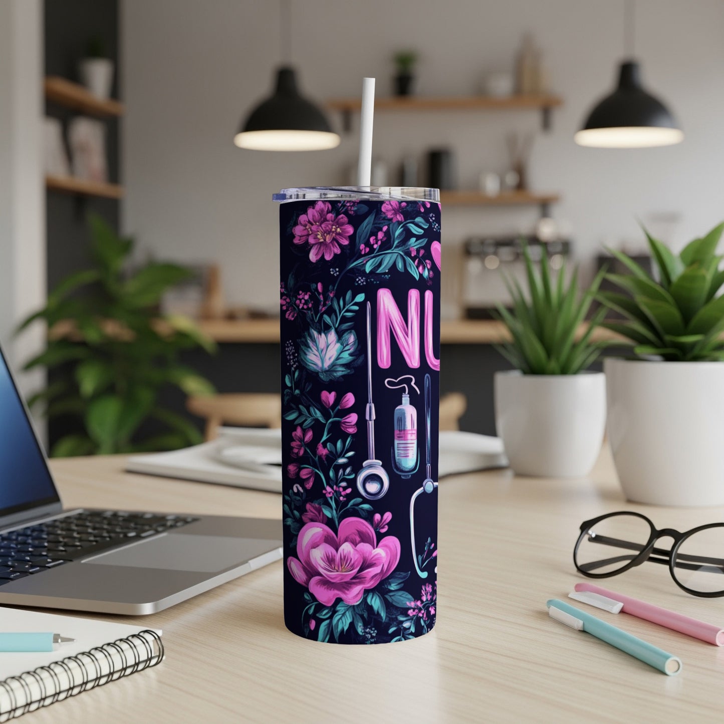 Floral tumbler with medical icons and "RN" text.