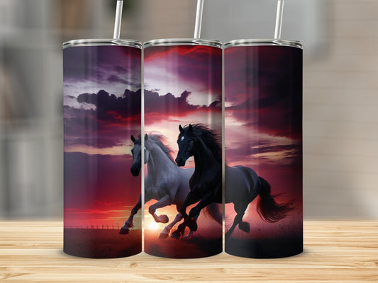 Three tumblers with a horse silhouette against a sunset sky.