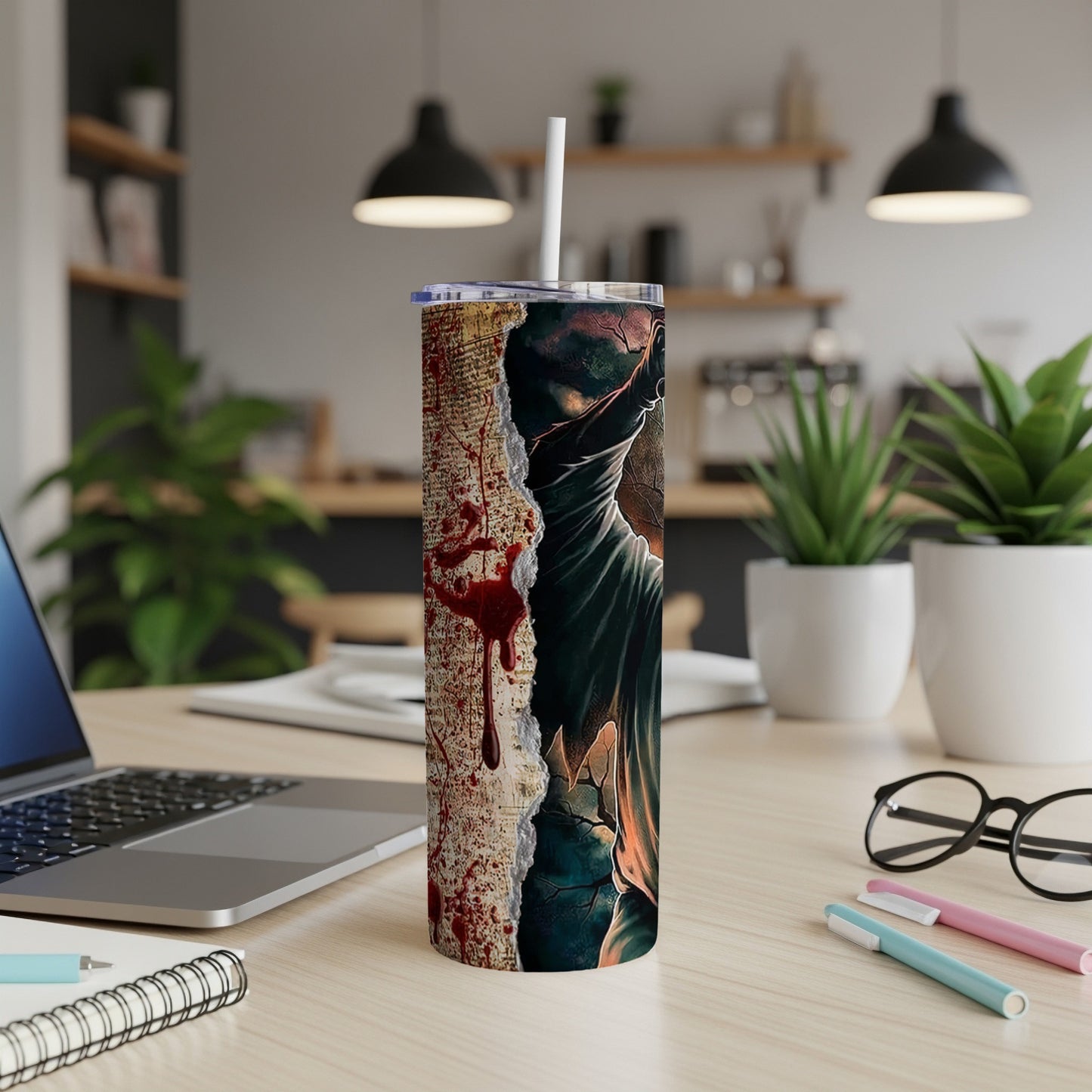 Tumbler with torn paper texture and bloody, shadowy figure design.