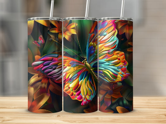 Triptych of colorful butterflies and flowers on a textured tumbler.