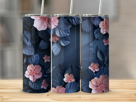 Three dark blue tumblers with pink flowers and leaves.
