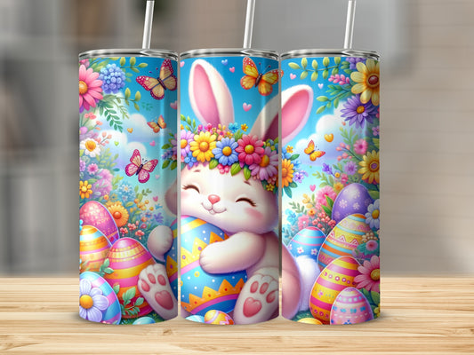 Happy bunny holding an Easter egg, surrounded by flowers and butterflies.