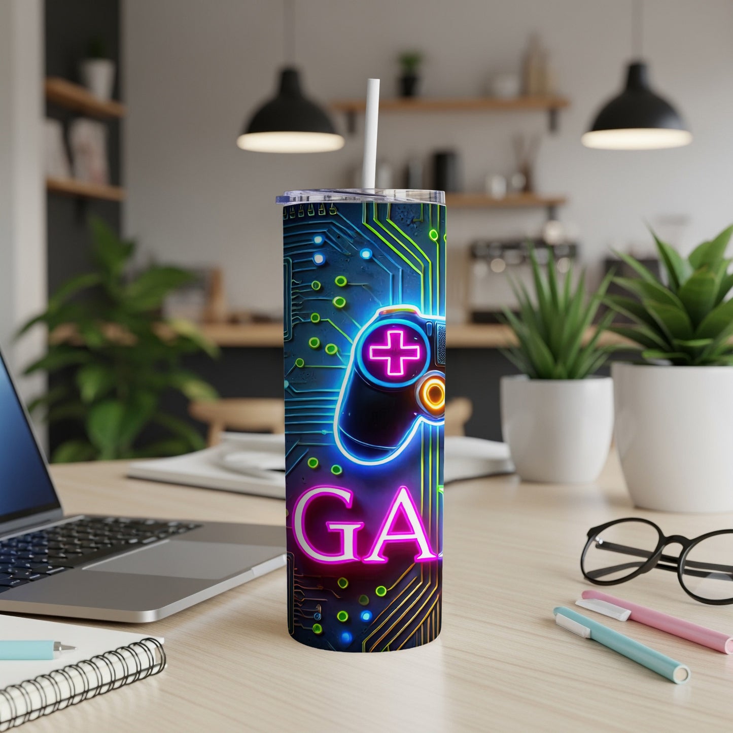 Gamer tumbler with neon controller and "GAME" text.