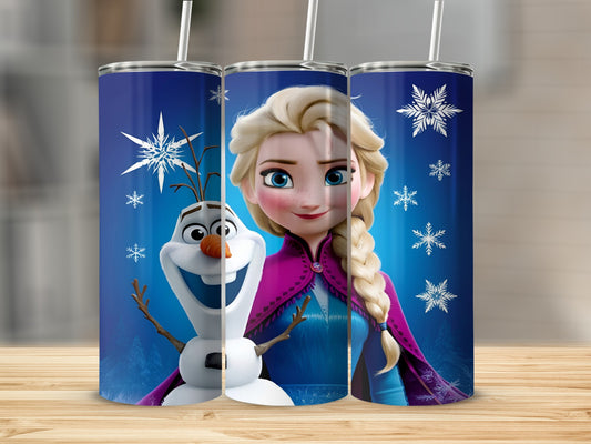 Elsa and Olaf from Frozen on a blue tumbler with snowflakes.