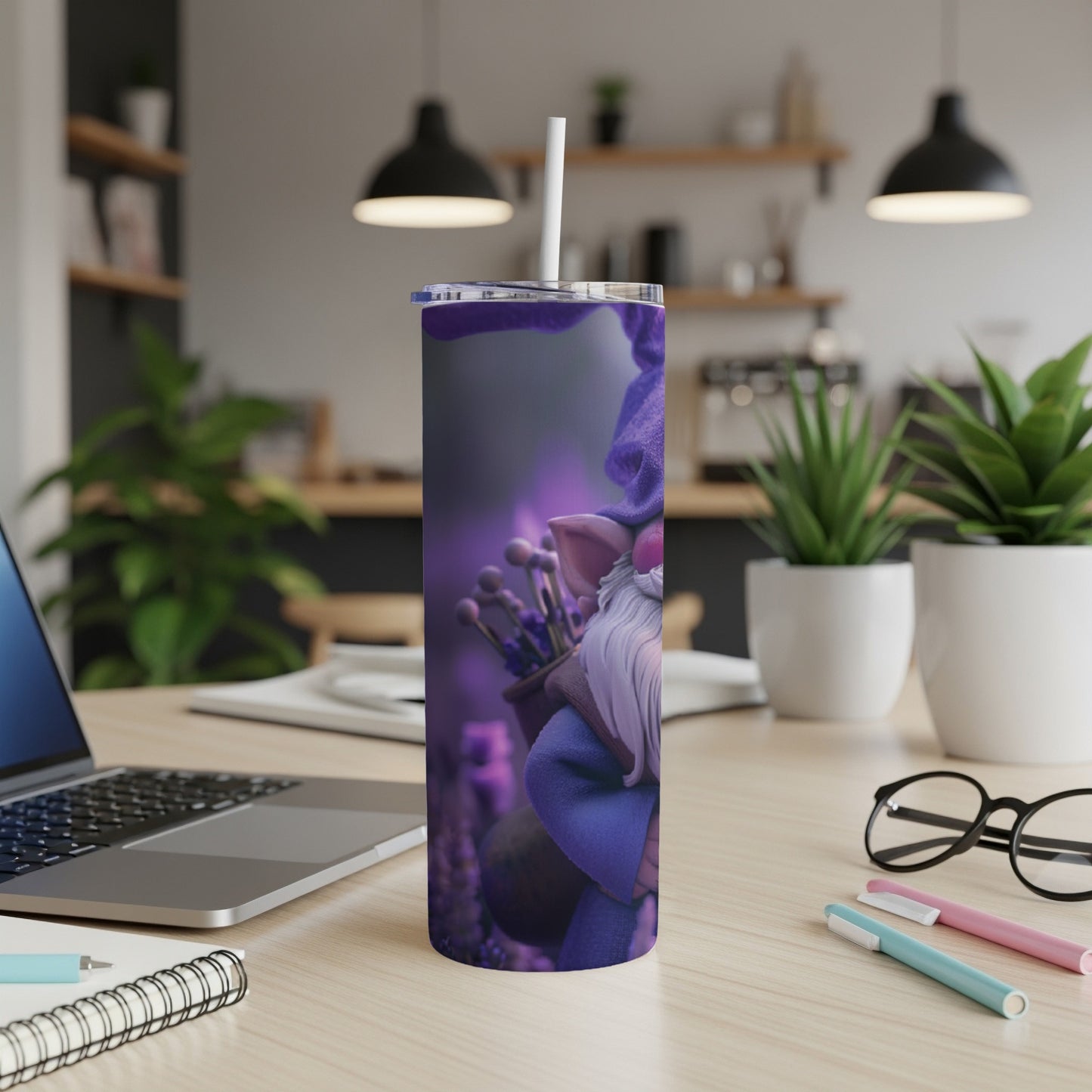 Purple gnome holding flowers on a tumbler with a straw.
