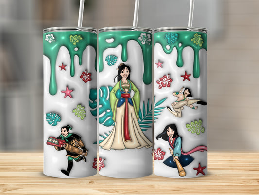 Mulan characters and floral elements on a white tumbler with green drips.