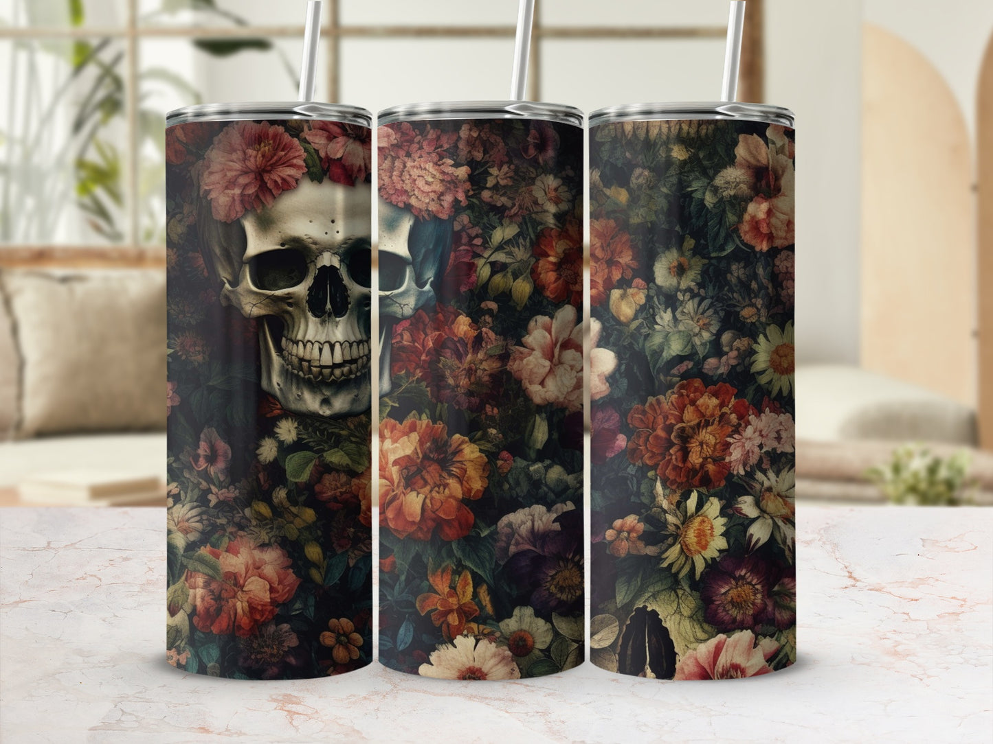 Gothic Floral Skull Theme Insulated Tumbler Cup