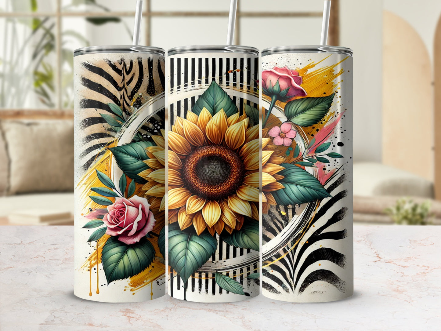 Vibrant Sunflower Rose and Zebra Pattern Drink Tumbler